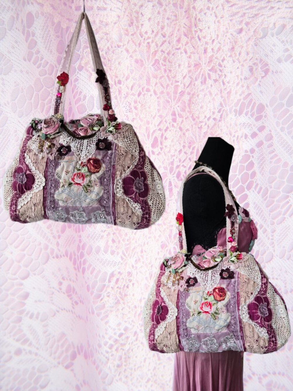 Handmade Bag Embroidery Roses Crochet Purse Vintage Lace Boho Romantic Style